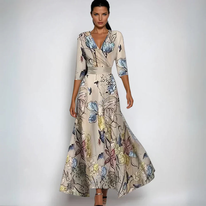 Ellis™ | Elegante maxi abito avvolgente a stampa artistica