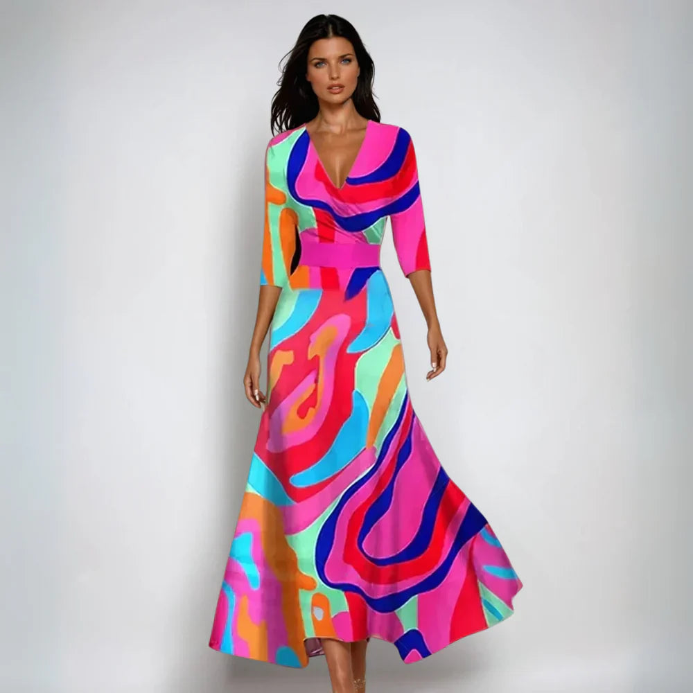 Ellis™ | Elegante maxi abito avvolgente a stampa artistica