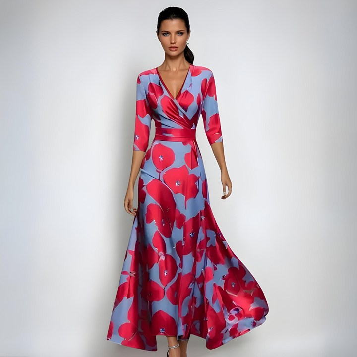 Ellis™ | Elegante maxi abito avvolgente a stampa artistica
