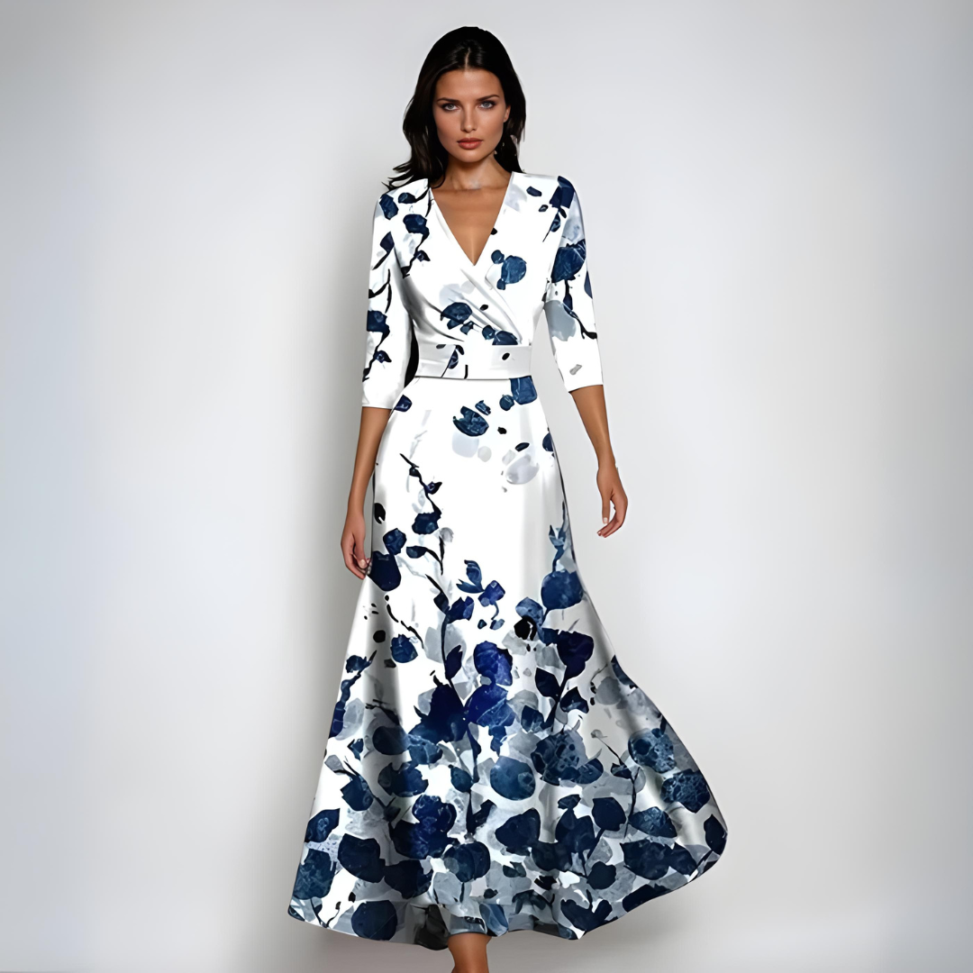 Ellis™ | Elegante maxi abito avvolgente a stampa artistica